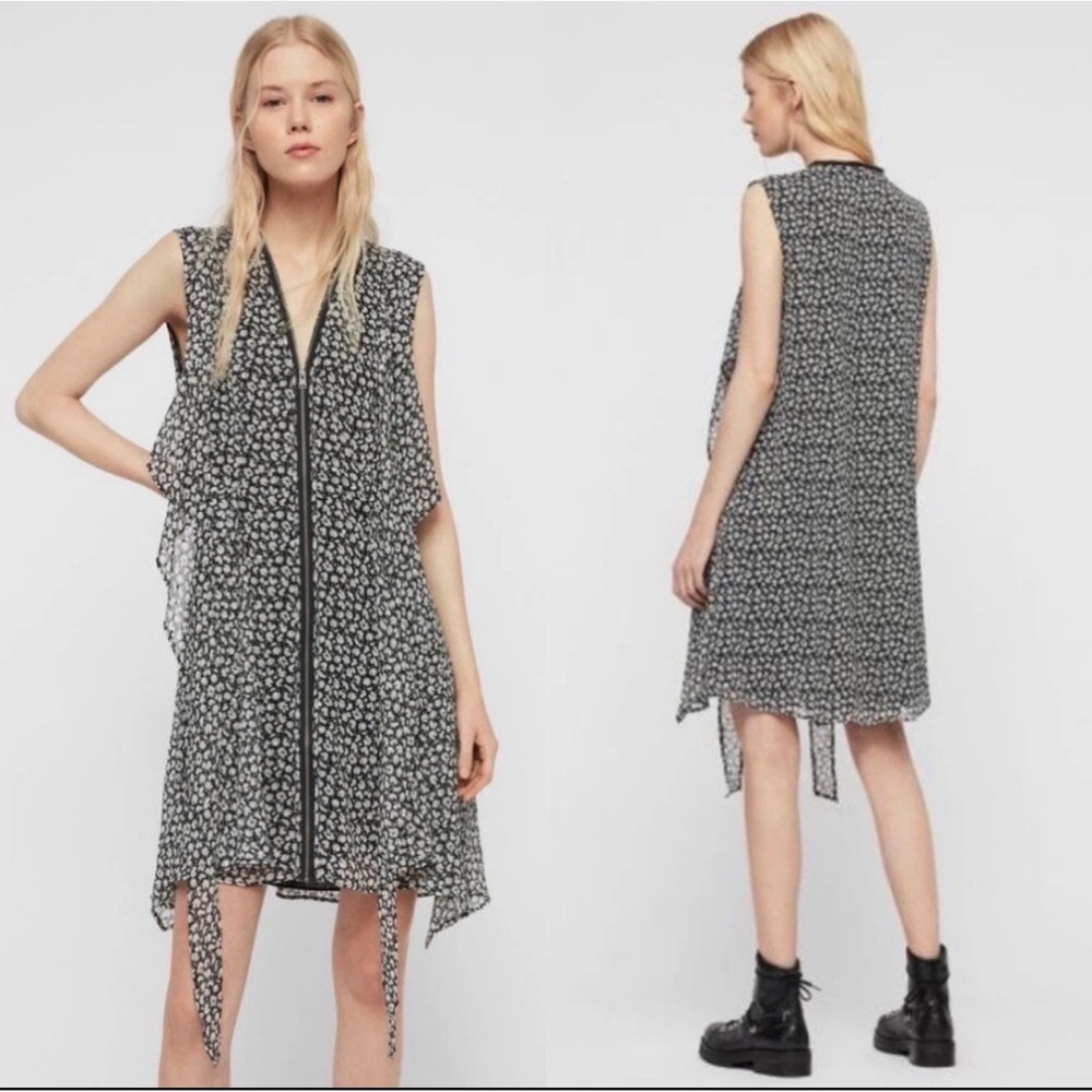 AllSaints Floral Mini Dress Medium Edgy Black White Zip Front‎ Sleeveless Draped